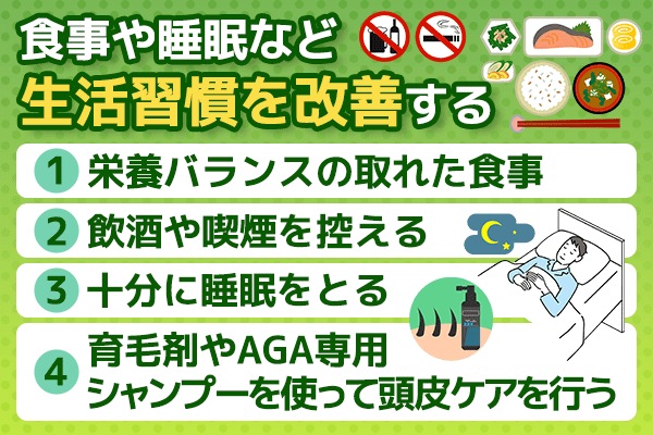 食事や睡眠など生活習慣を改善すべきことを示す画像